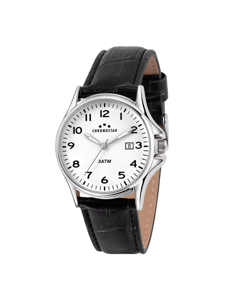 OROLOGIO UOMO SOLO TEMPO IN ACCIAIO CON CASSA SILVER CINTURINO IN PELLE NERA CHRONOSTAR