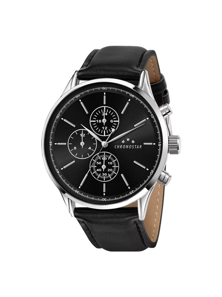 OROLOGIO UOMO MULTIFUNZIONE IN ACCIAIO DANDY  CON QUADRANTE NERO E CINTURINO IN PELLE NERO CHRONOSTAR