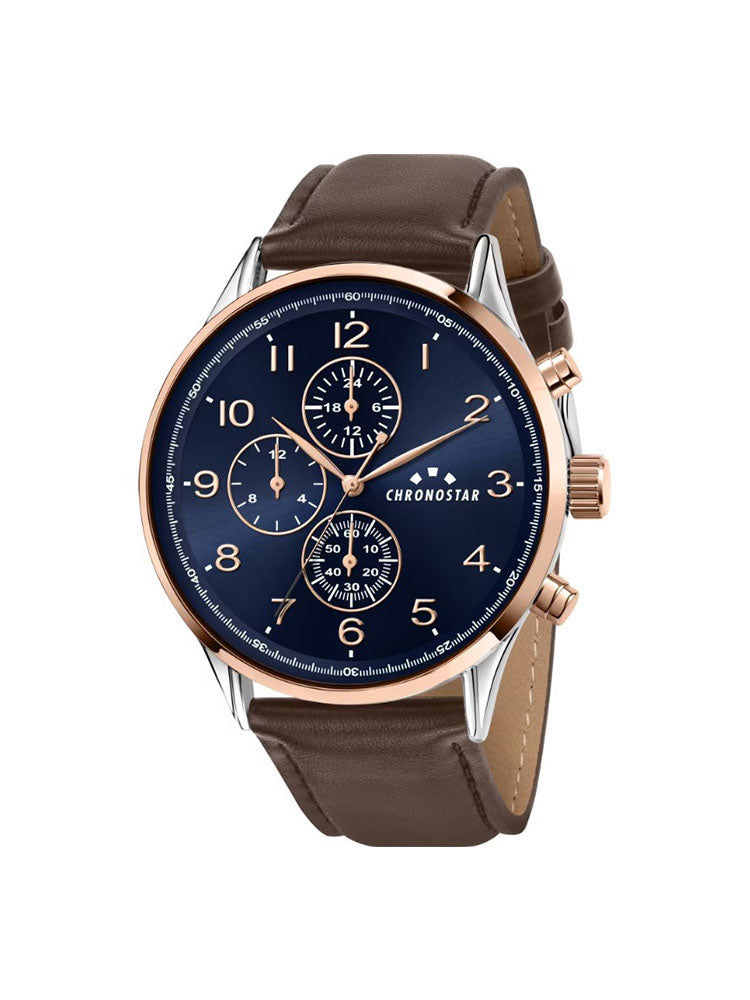 OROLOGIO UOMO MULTIFUNZIONE IN ACCIAIO DANDY  CON QUADRANTE BLUE CINTURINO IN PELLE MARRONE CHRONOSTAR