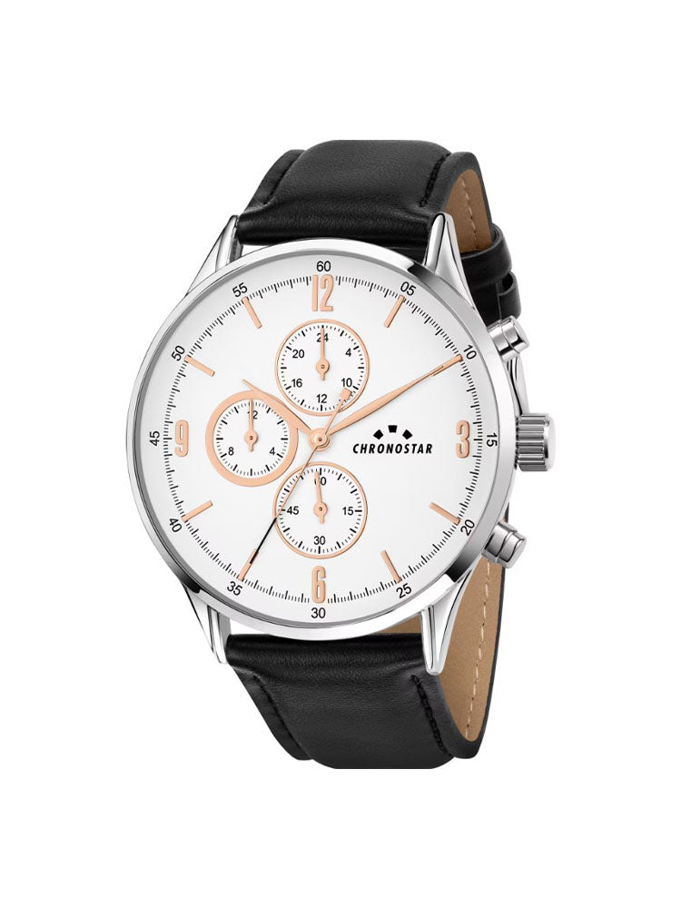 OROLOGIO UOMO MULTIFUNZIONE IN ACCIAIO DANDY  CON QUADRANTE BIANCO E CINTURINO IN PELLE NERO CHRONOSTAR