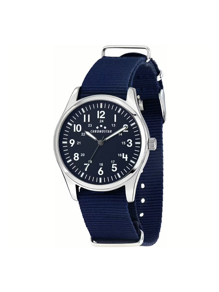OROLOGIO UOMO SOLO TEMPO IN ACCIAIO CON CASSA SILVER CINTURINO IN TESSUTO BLU CHRONOSTAR
