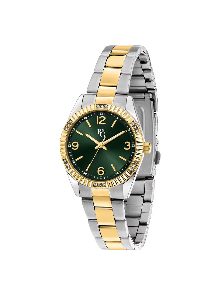 OROLOGIO DONNA SOLO TEMPO IN ACCIAIO SILVER E ORO QUADRANTE VERDE E CRISTALLI BIANCHI B&G