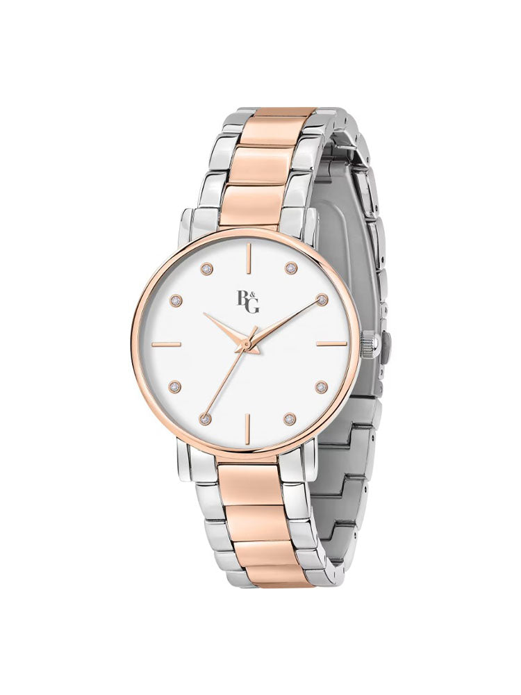OROLOGIO DONNA SOLO TEMPO IN ACCIAIO SILVER E ORO ROSA QUADRANTE BIANCO E CRISTALLI B&G