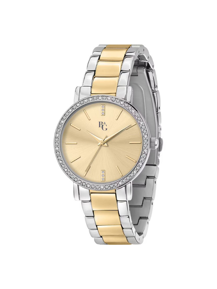 OROLOGIO DONNA SOLO TEMPO IN ACCIAIO SILVER E ORO QUADRANTE DORATO E CRISTALLI B&G