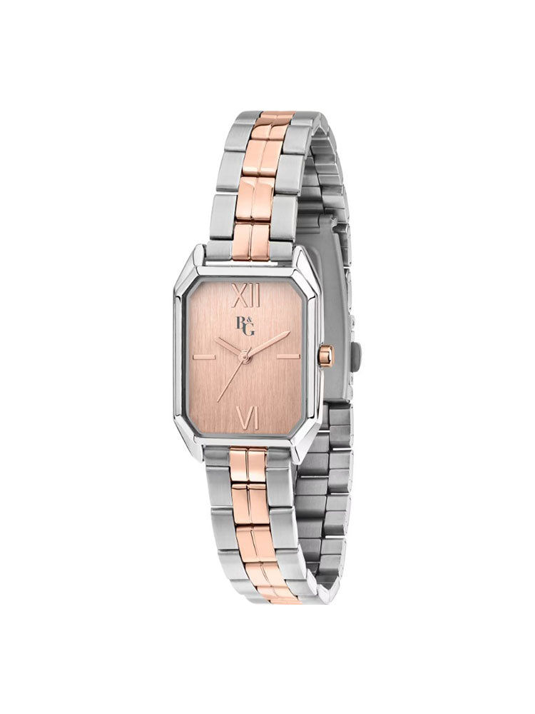 OROLOGIO DONNA SOLO TEMPO IN ACCIAIO BICOLORE ORO ROSA E SILVER CON CASSA OTTOGONALE B&G