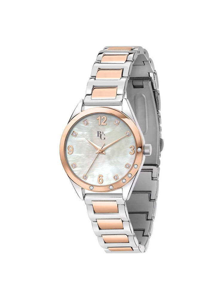 OROLOGIO DONNA SOLO TEMPO IN ACCIAIO SILVER E ORO ROSA QUADRANTE MADREPERLA E CRISTALLI B&G