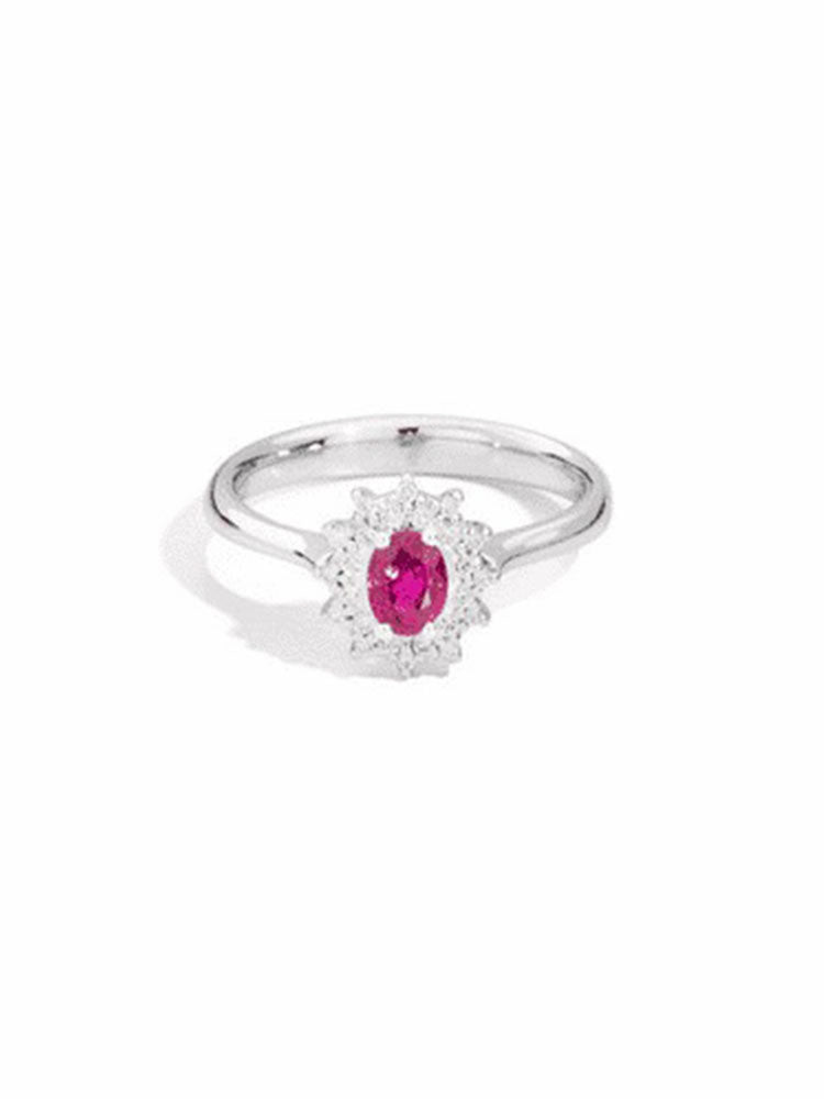 ANELLO DONNA CAMELIA SOLITARIO IN ORO BIANCO 18 KT, RUBINO E DIAMANTI RECARLO
