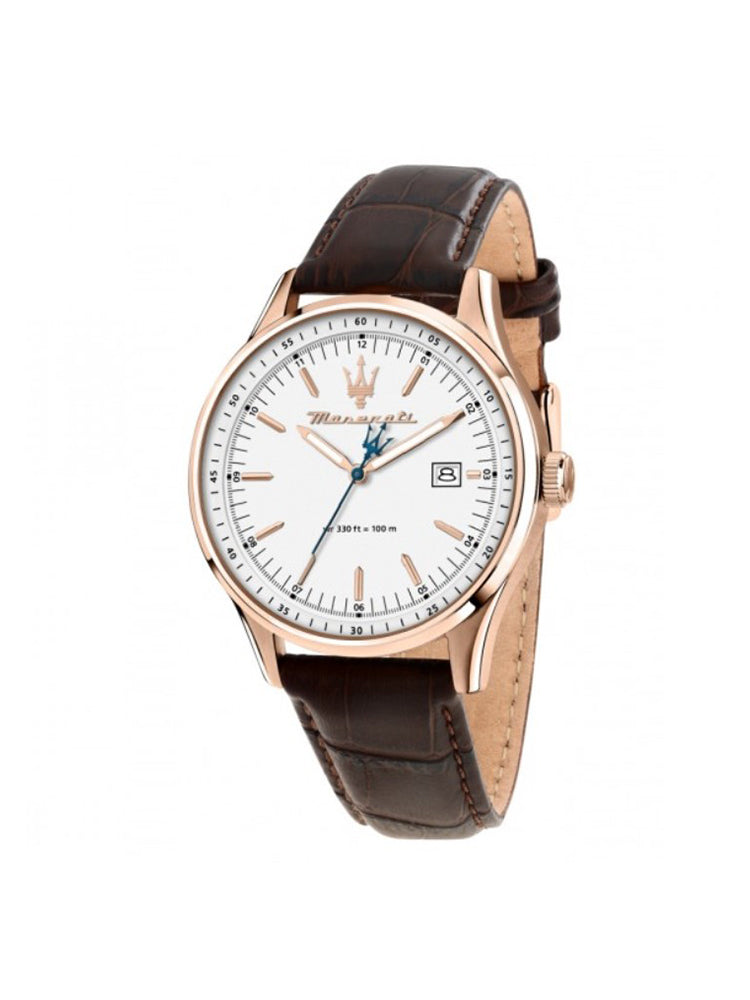 OROLOGIO UOMO SORPASSO CON CINTURINO IN PELLE MARRONE E CASSA ROSATA MASERATI