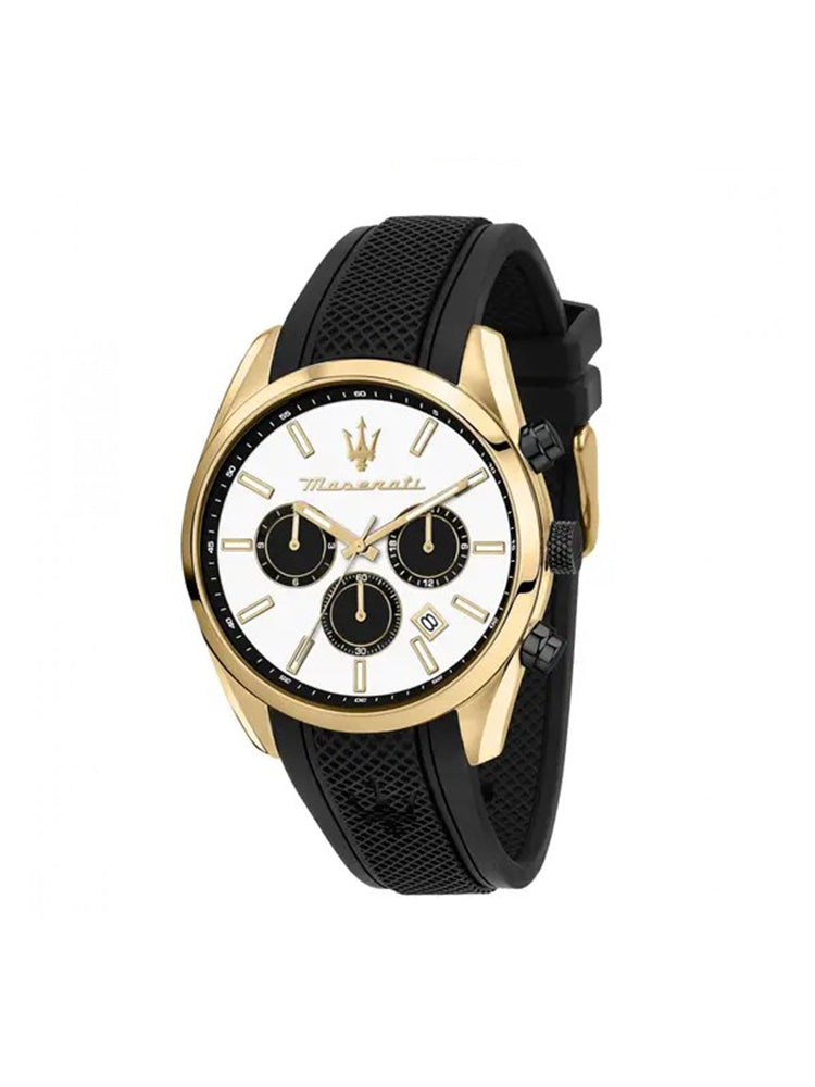 OROLOGIO UOMO MULTIFUNZIONE ATTRAZIONE CINTURINO NERO IN SILICONE E DETTAGLI COLOR ORO GIALLO MASERATI