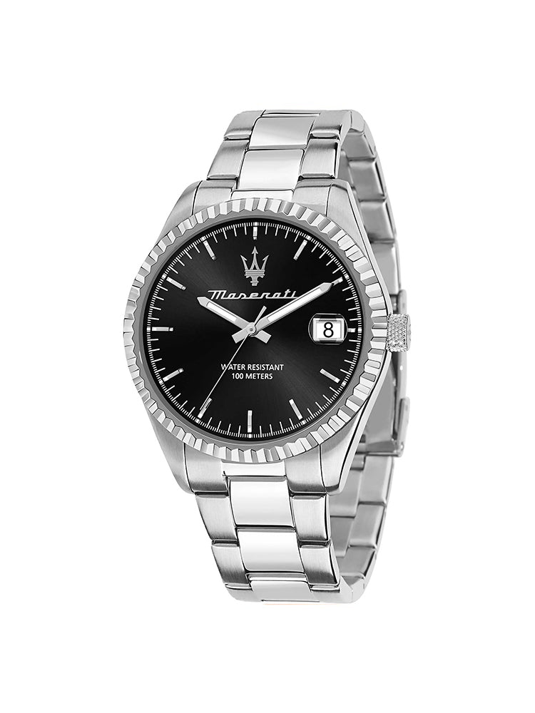 OROLOGIO UOMO COMPETIZIONE SOLO TEMPO IN ACCIAIO E QUADRANTE NERO MASERATI