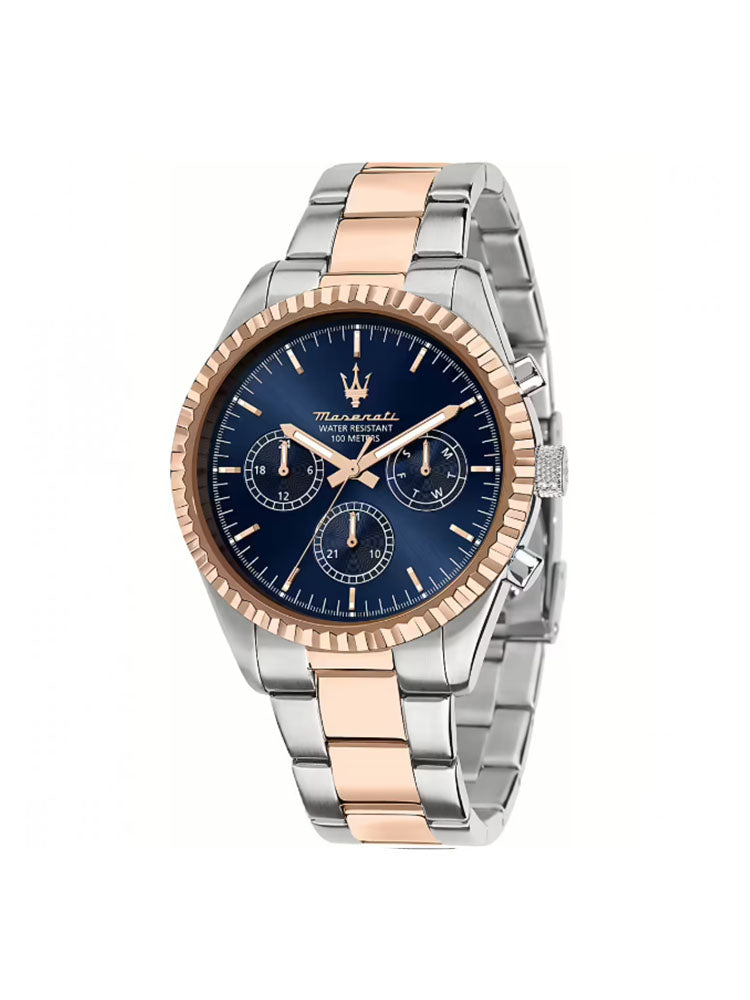 OROLOGIO UOMO COMPETIZIONE IN ACCIAIO BICOLORE ROSATO CON QUADRANTE BLU MASERATI
