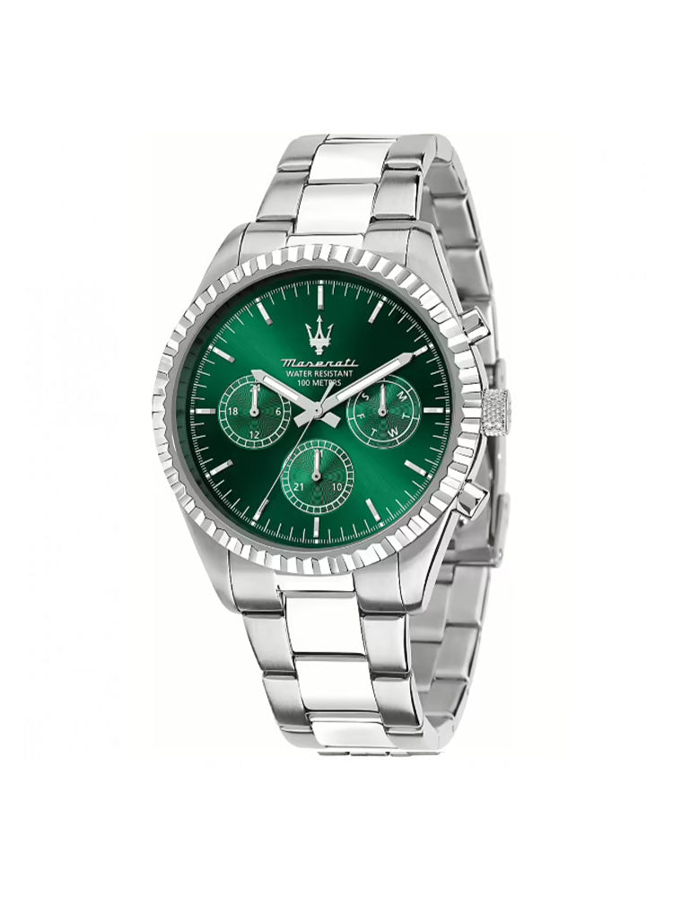 OROLOGIO UOMO COMPETIZIONE MULTIFUNZIONE IN ACCIAIO CON QUADRANTE VERDE 43 MM MASERATI