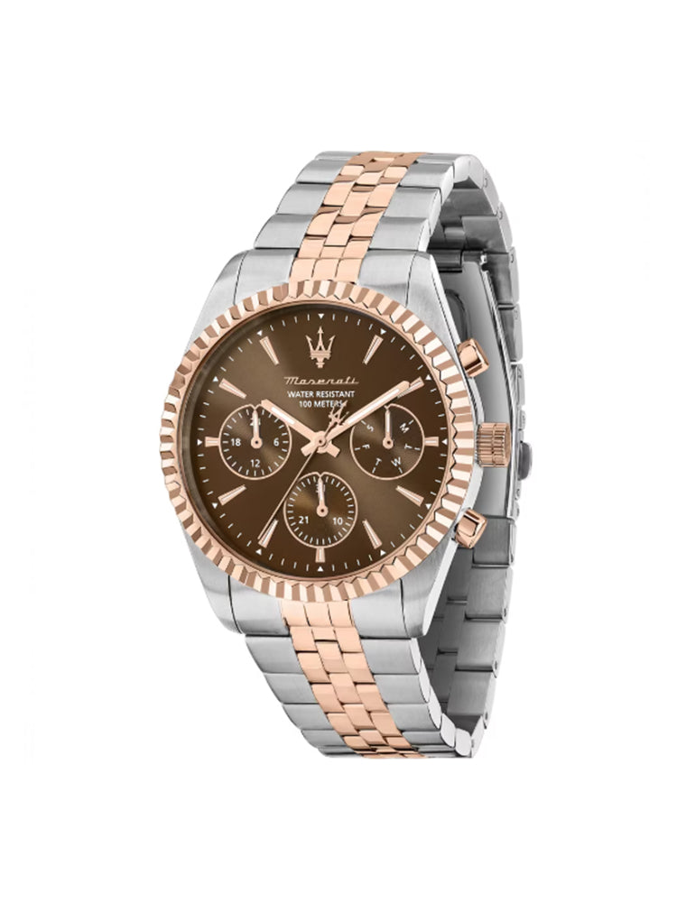 OROLOGIO UOMO COMPETIZIONE IN ACCIAIO BICOLORE ROSATO CON QUADRANTE MARRONE MASERATI