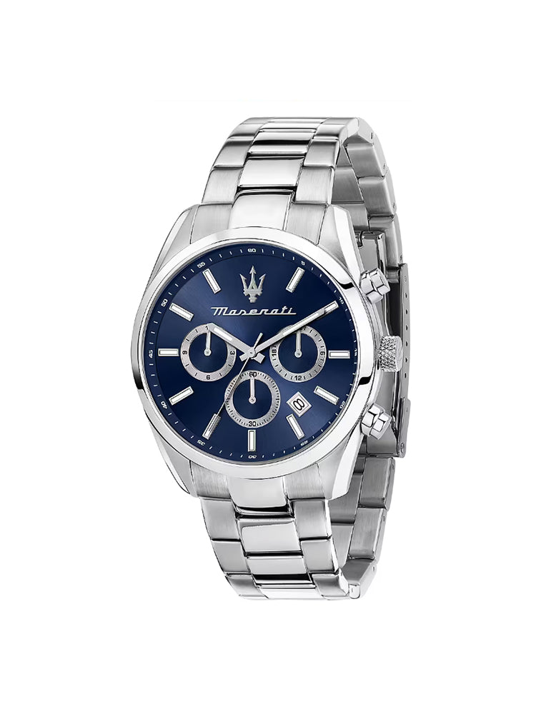 OROLOGIO UOMO ATTRAZIONE MULTIFUNZIONE IN ACCIAIO E QUADRANTE BLU MASERATI