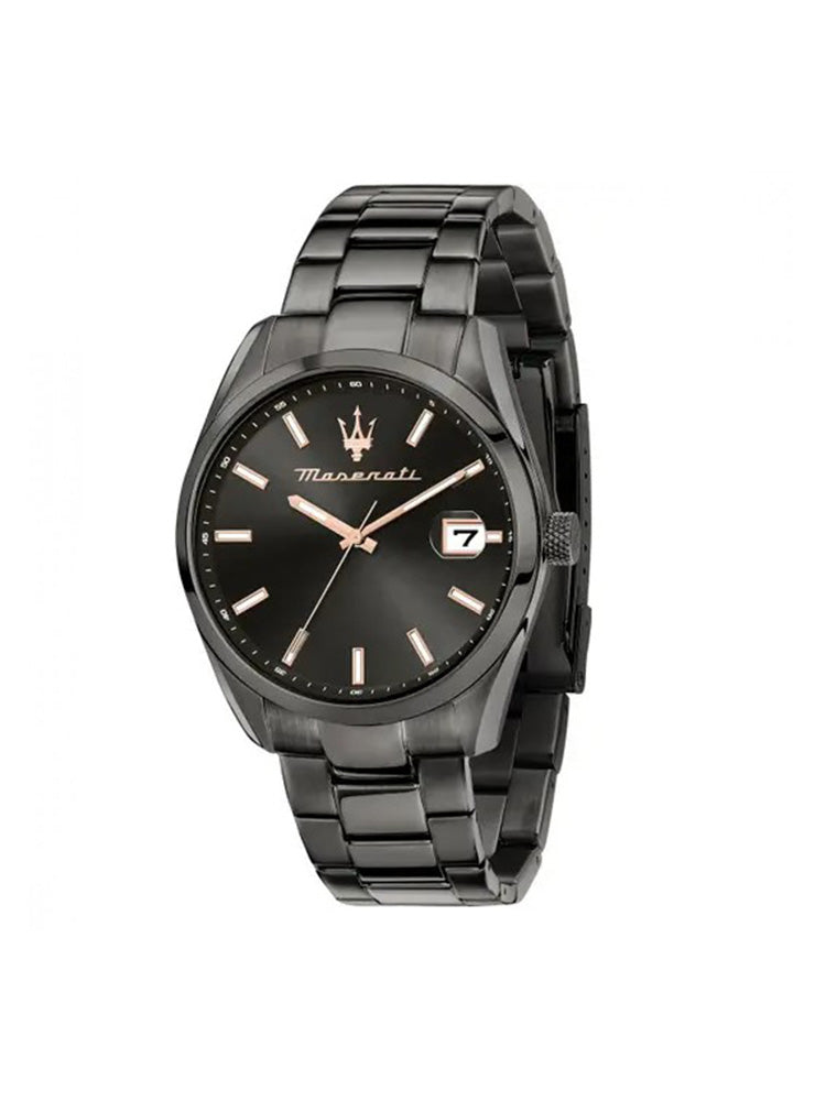 OROLOGIO UOMO SOLO TEMPO ATTRAZIONE IN ACCIAIO CANNA DI FUCILE E LANCETTE ROSATE MASERATI