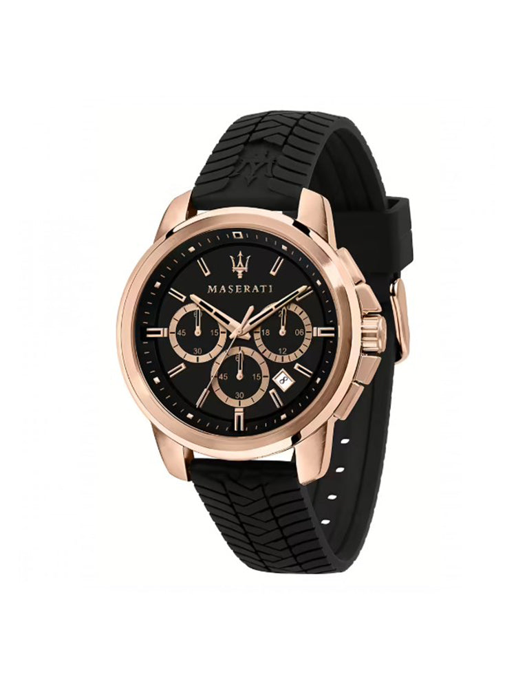 OROLOGIO UOMO CRONOGRAFO CON CASSA ROSATA E CINTURINO IN SILICONE NERO MASERATI