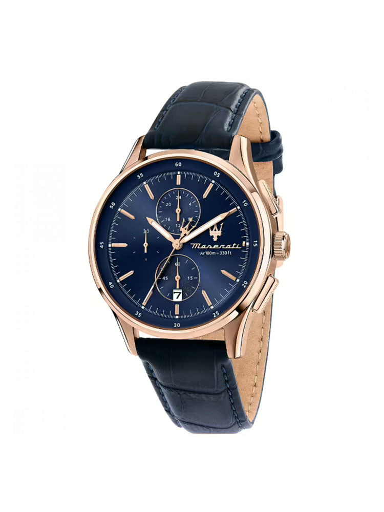 OROLOGIO UOMO SORPASSO IN ACCIAIO ROSATO E CINTURINO IN PELLE BLU MASERATI