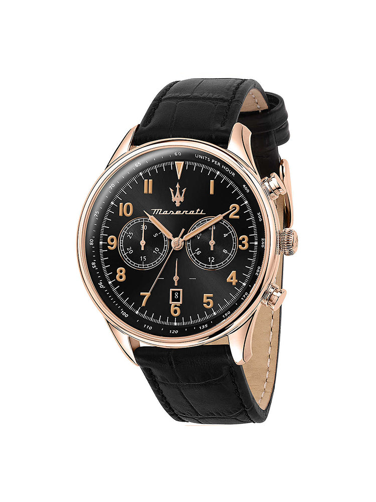 OROLOGIO UOMO TRADIZIONE, CRONOGRAFO IN PELLE NERO E FINITURE ROSE' MASERATI