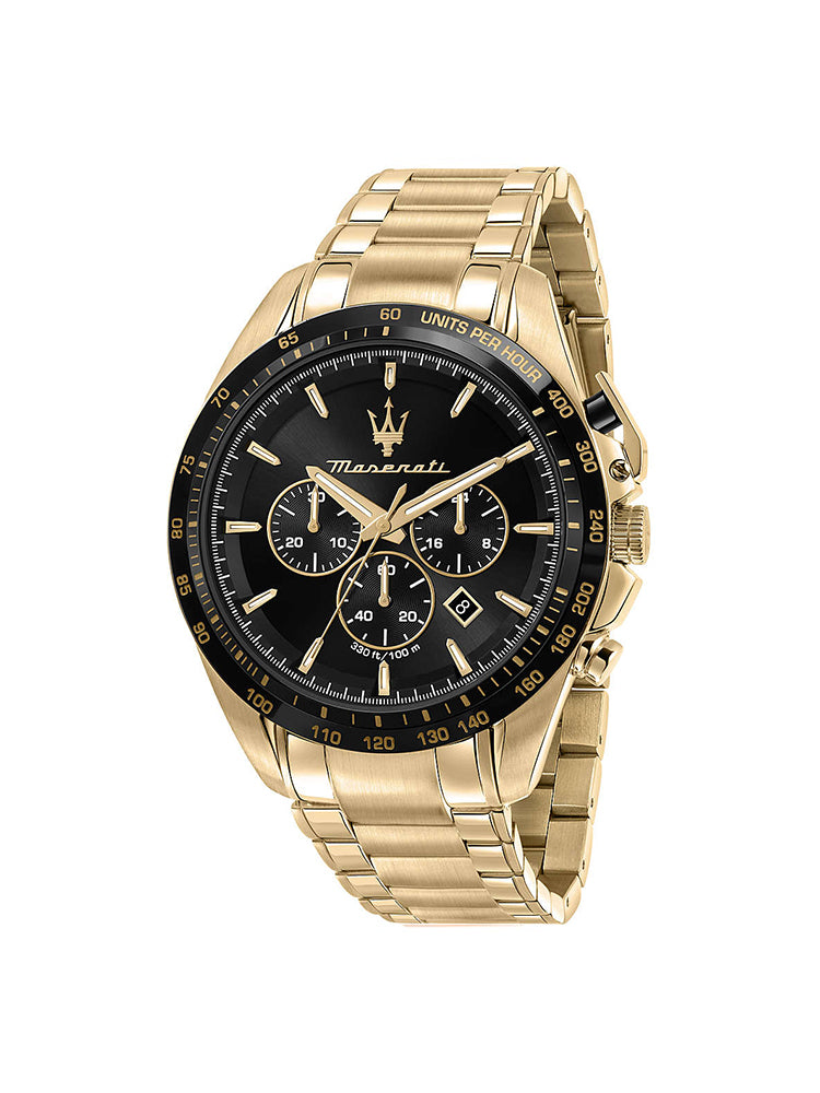 OROLOGIO UOMO TRAGUARDO CRONOGRAFO, IN ACCIAIO DORATO E QUADRANTE NERO MASERATI
