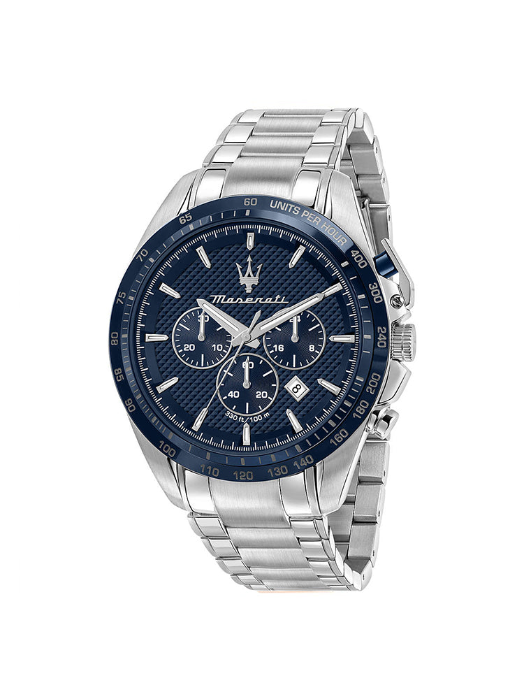 OROLOGIO UOMO TRAGUARDO CRONOGRAFO IN ACCIAIO SILVER E QUADRANTE BLU MASERATI