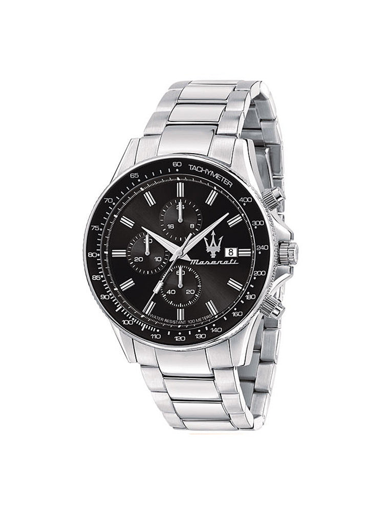 OROLOGIO UOMO SFIDA, CRONOGRAFO IN ACCIAIO SILVER E QUADRANTE NERO MASERATI