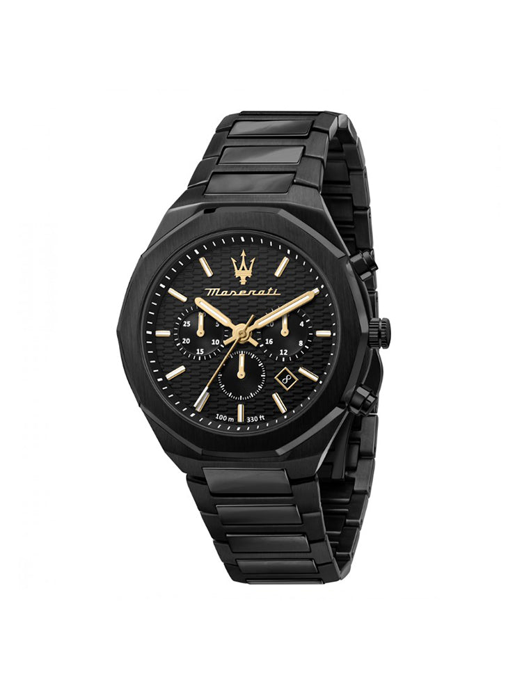 OROLOGIO UOMO STILE IN ACCIAIO NERO E DETTAGLI DORATI MASERATI