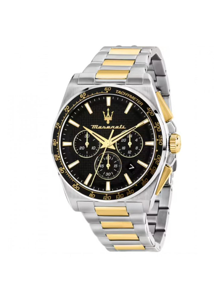 OROLOGIO UOMO CRONOGRAFO IN ACCIAIO BICOLORE DORATO E QUADRANTE NERO MASERATI