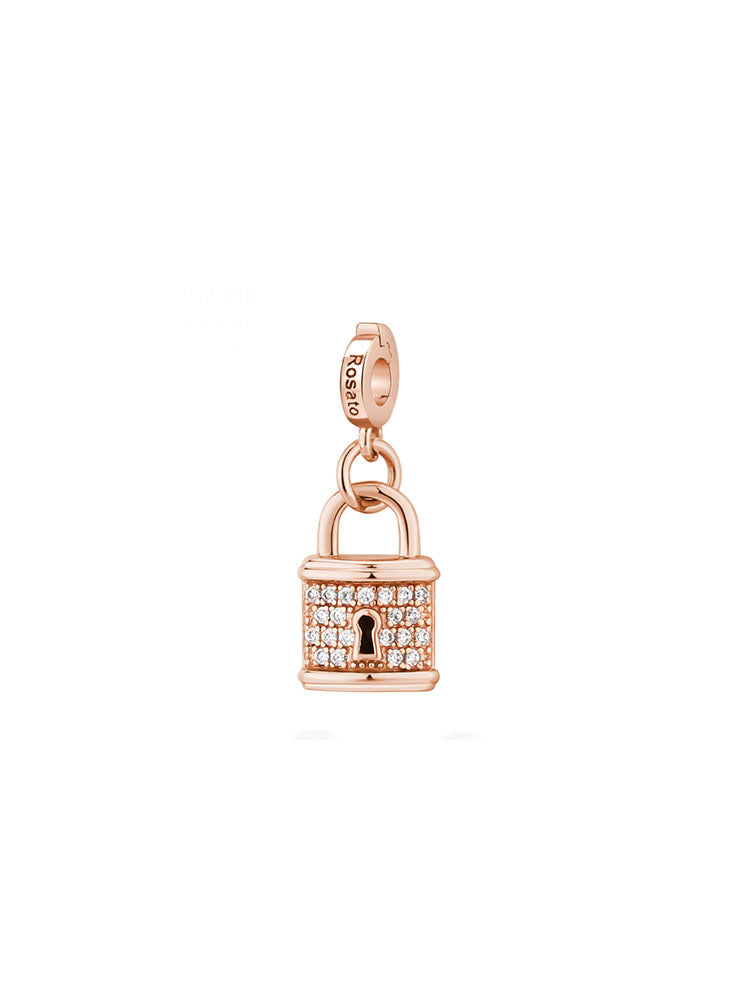 CHARM DONNA LUCCHETTO - UNIONE IN ARGENTO COLOR ORO ROSA CON ZIRCONI BIANCHI ROSATO