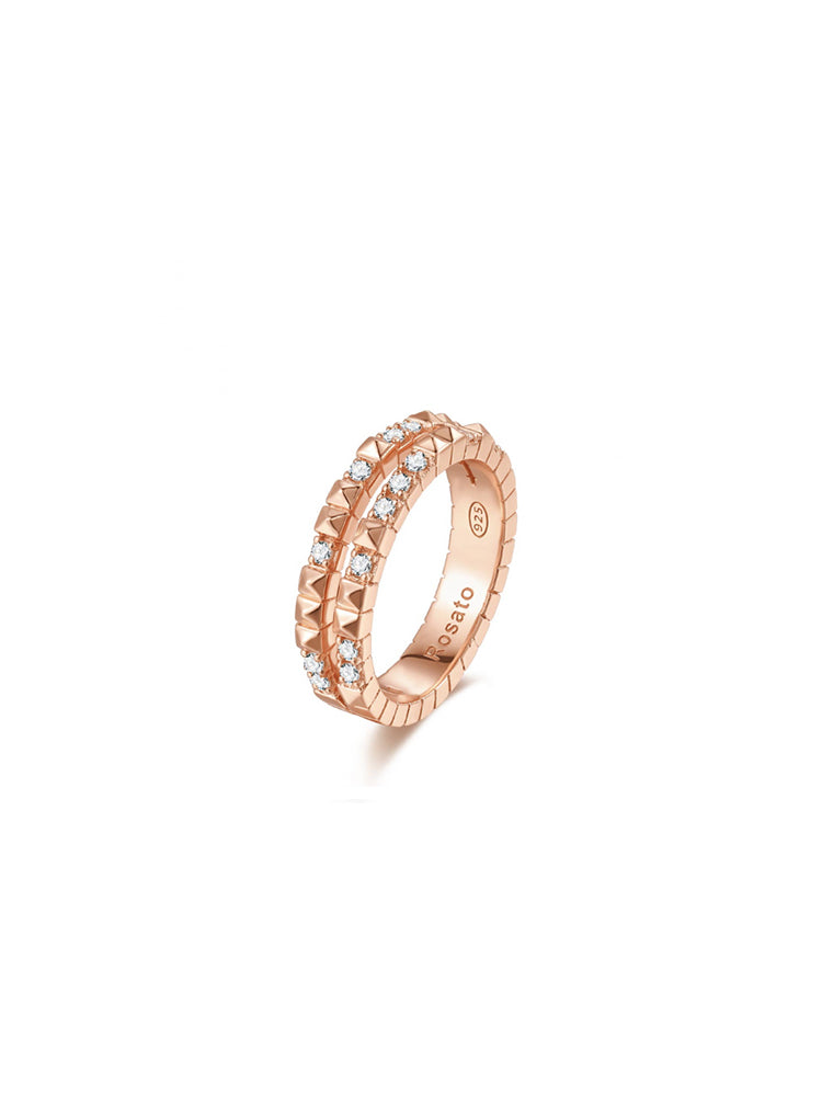 ANELLO DONNA CUBICA DOPPIA FASCIA IN ARGENTO COLOR ORO ROSA E ZIRCONI BIANCHI MIS 14 ROSATO