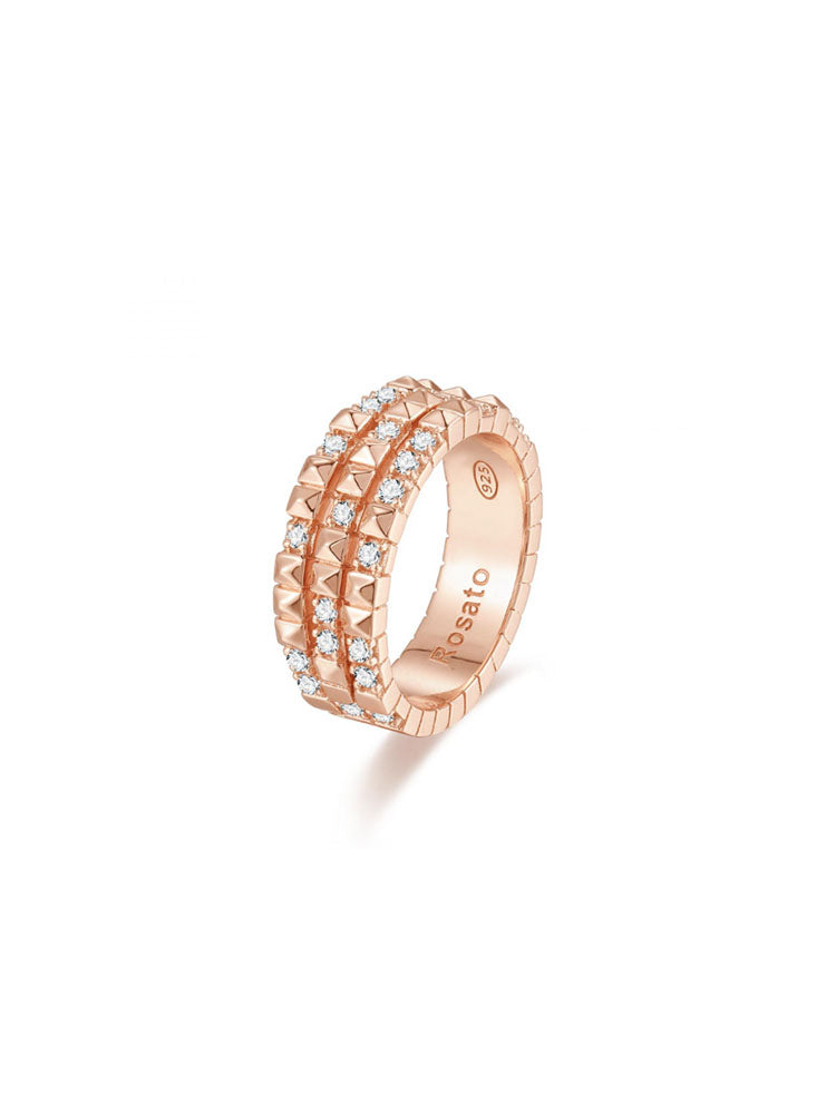 ANELLO DONNA CUBICA TRIPLA FASCIA IN ARGENTO COLOR ORO ROSA E ZIRCONI BIANCHI MIS 18 ROSATO
