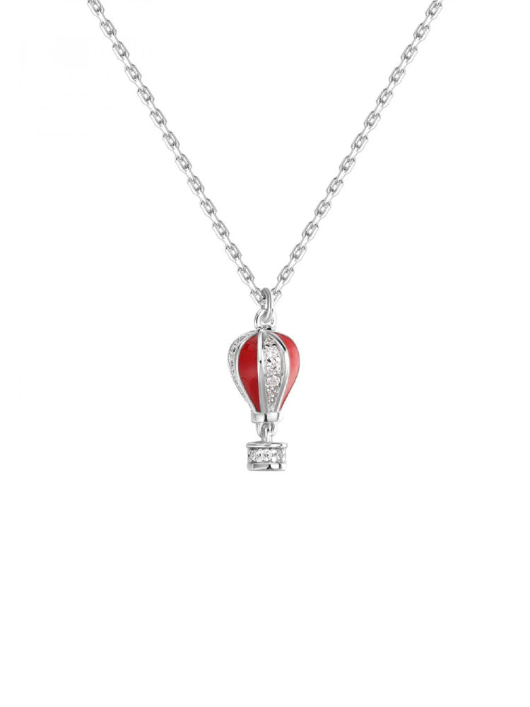 COLLANA DONNA IN ARGENTO CON PENDENTE A FORMA DI MONGOLFIERA ZIRCONI E SMALTO ROSSO ROSATO