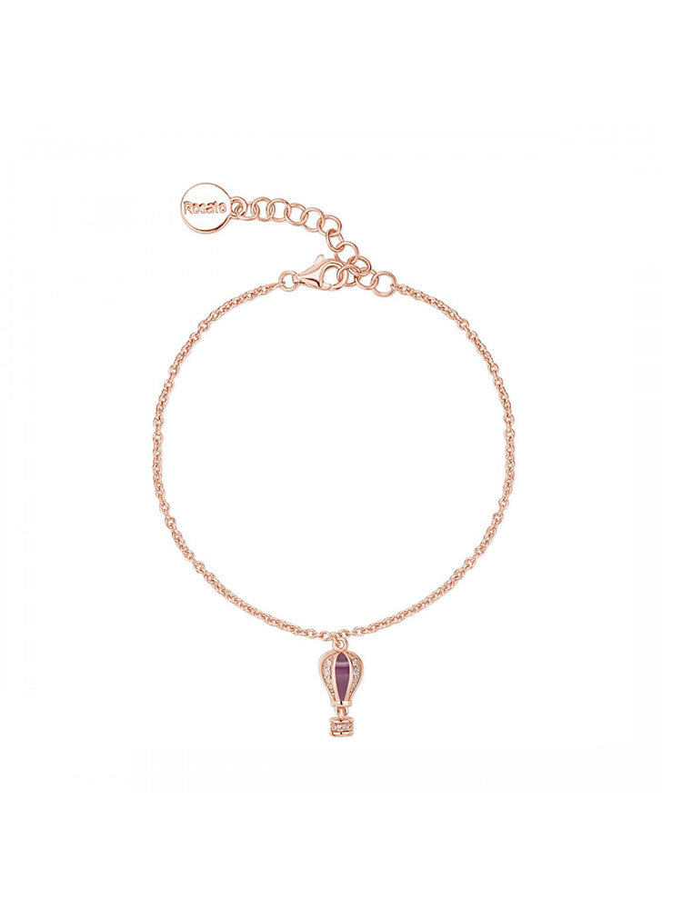 BRACCIALE DONNA MORBIDO IN ARGENTO PLACCATO IN ORO ROSA CON CIONDOLO MONGOLFIERA CON DETTAGLI VIOLA ROSATO