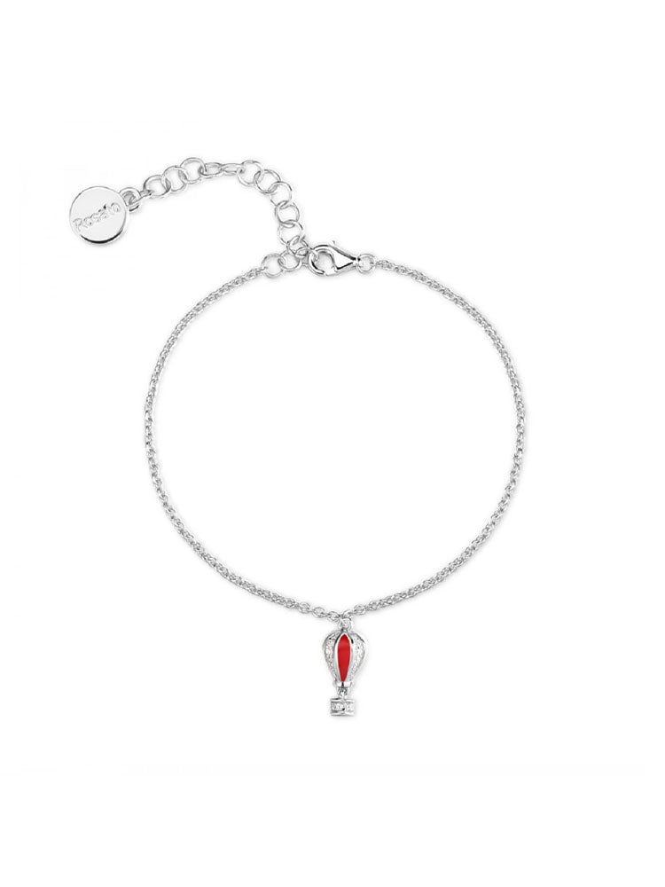 BRACCIALE DONNA IN ARGENTO A CATENA CON CIONDOLO PENDENTE A FORMA DI MONGOLFIERA ZIRCONI E SMALTO ROSSO ROSATO