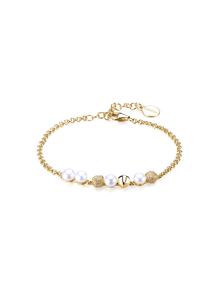 BRACCIALE DONNA IN ARGENTO DORATO CON ZIRCONI E PERLE ROSATO