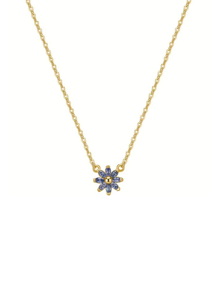 COLLANA DONNA IN ARGENTO PLACCATURA ORO GIALLO CON FIORE CENTRALE E ZIRCONI BLU ROSATO
