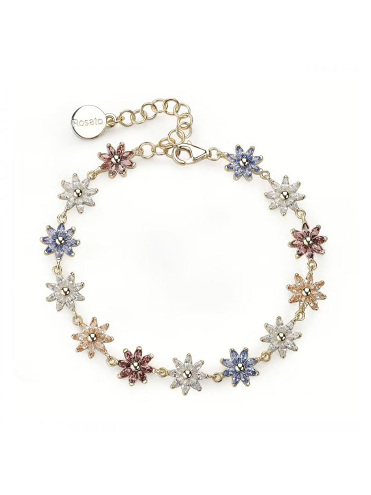 BRACCIALE DONNA IN ARGENTO PLACCATURA ORO GIALLO CON  ZIRCONI MULTICOLOR A FORMA DI FIORI  ROSATO