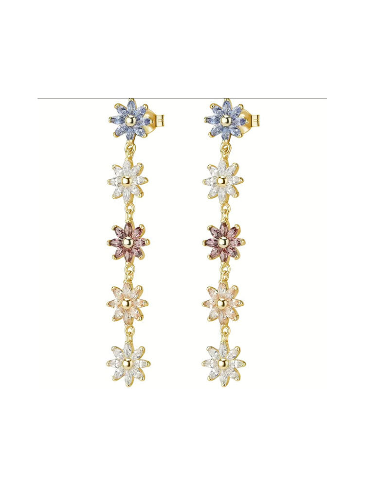 ORECCHINI DONNA PENDENTI IN ARGENTO FINITURA ORO CON ZIRCONI MULTICOLOR A FORMA DI FIORE ROSATO