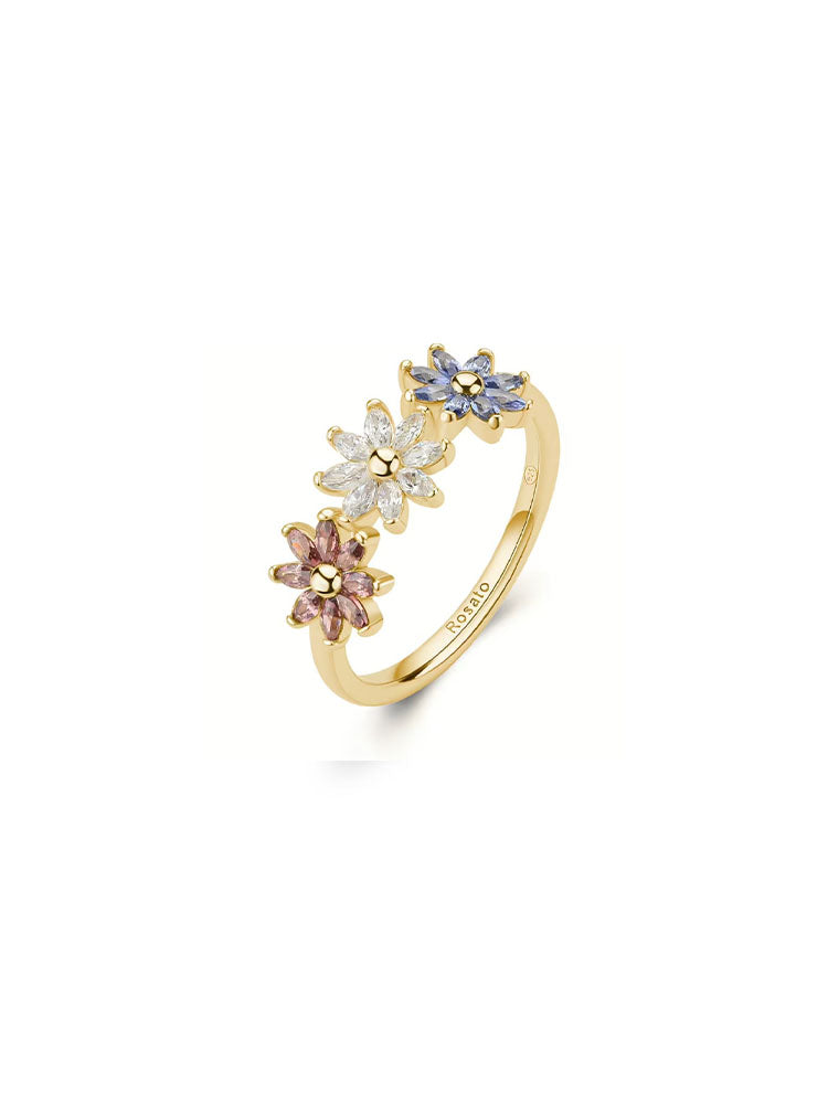 ANELLO DONNA IN ARGENTO PLACCATO ORO GIALLO CON TRE FIORI CUBIC ZIRCONIA MULTICOLOR MIS 16  ROSATO