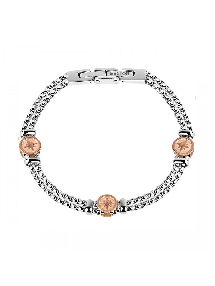 BRACCIALE UOMO MARINE, DOPPIO FILO CATENA SILVER CON PVD VINTAGE ORO ROSA E SEGNO TIMONE SECTOR