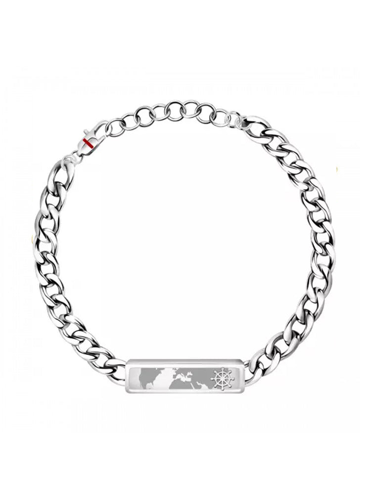 BRACCIALE UOMO MARINE, IN ACCIAIO COLORE SILVER, PLACCHETTA CON TIMONE E MONDO SECTOR