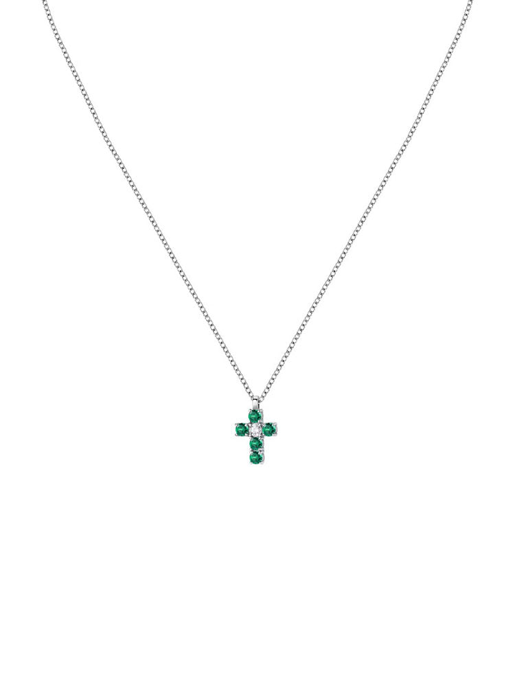 COLLANA DONNA IN ARGENTO CON CROCE PENDENTE DI CRISTALLI VERDI E BIANCHI MORELLATO