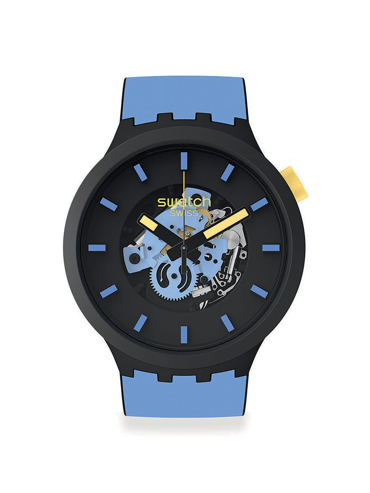 OROLOGIO UOMO MONTHLY DROPS SOLO TEMPO IN SILICONE BLU E QUADRANTE NERO SWATCH