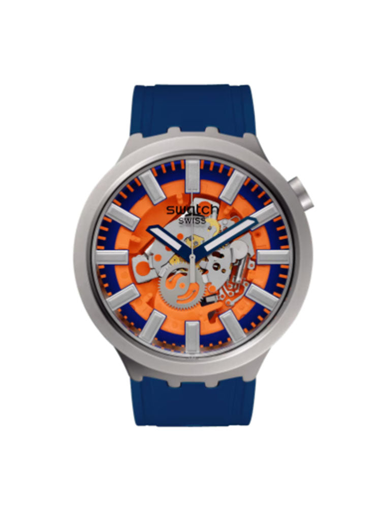 OROLOGIO UOMO ORANGE IN THE WORKS BLU CON QUADRANTE ARANCIONE SWATCH