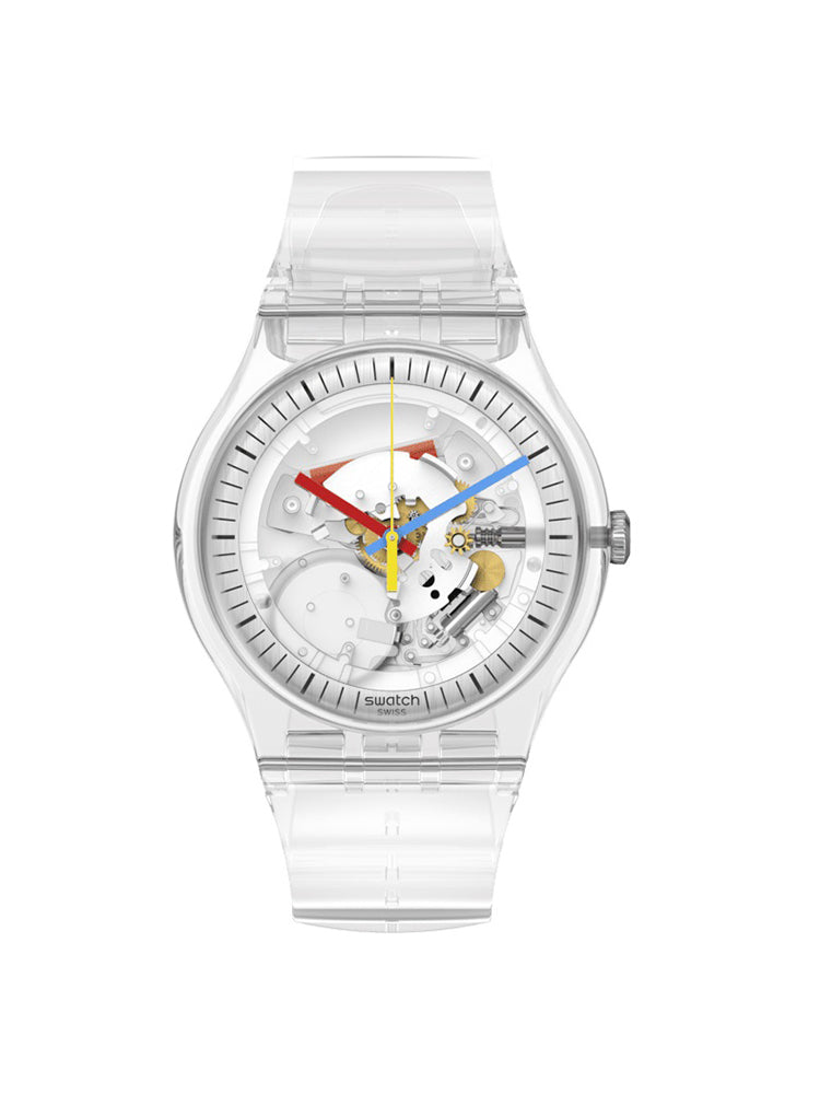OROLOGIO UOMO CLEARLY NEW GENT SOLO TEMPO TUTTO TRASPARENTE CON MOVIMENTO A VISTA SWATCH