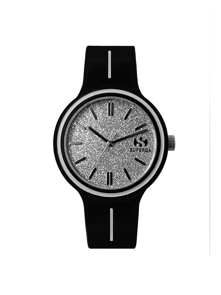 OROLOGIO RAGAZZA IN SILICONE NERO CON QUANDRANTE GRIGIO E GLITTER SUPERGA