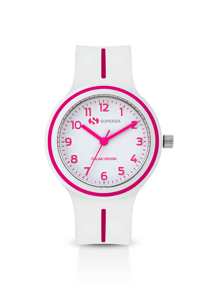 OROLOGIO BAMBINA SOLO TEMPO IN SILICONE BIANCO CON DETTAGLI FUCSIA E QUANDRANTE BIANCO SUPERGA