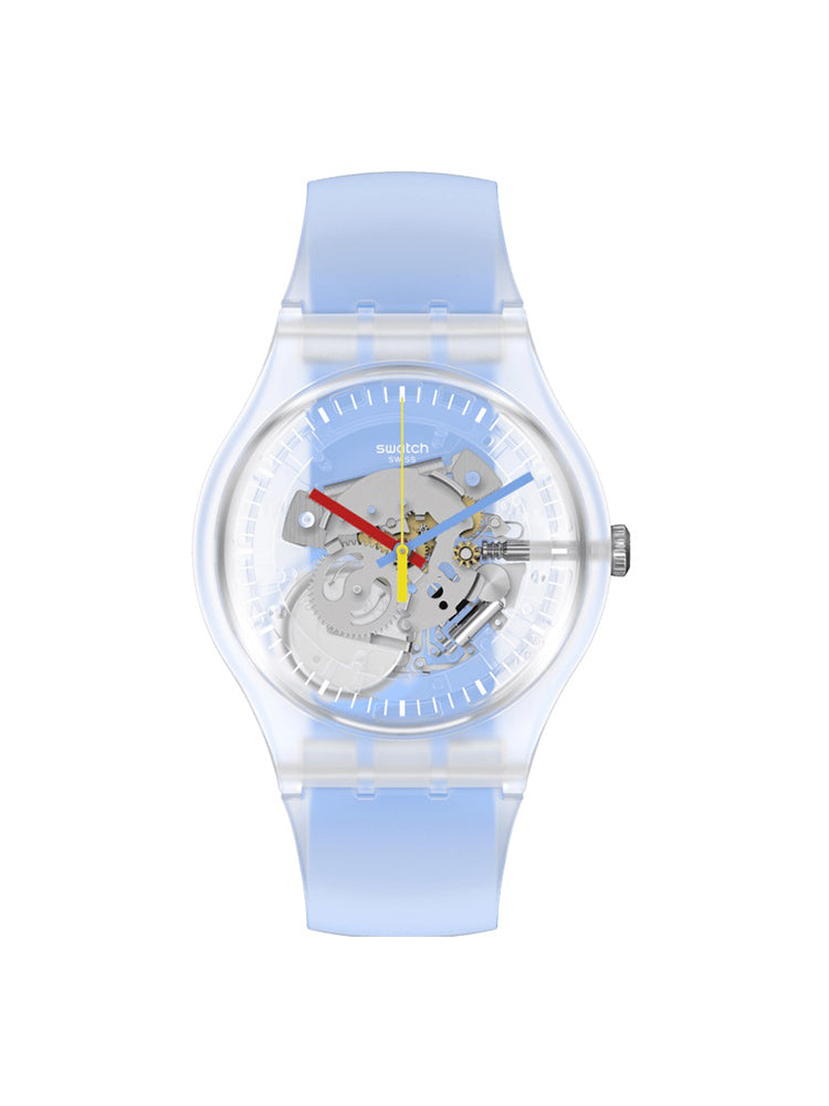 OROLOGIO UOMO CLEARLY BLUE SOLO TEMPO TRASPARENTE CON MOVIMENTO A VISTA SWATCH