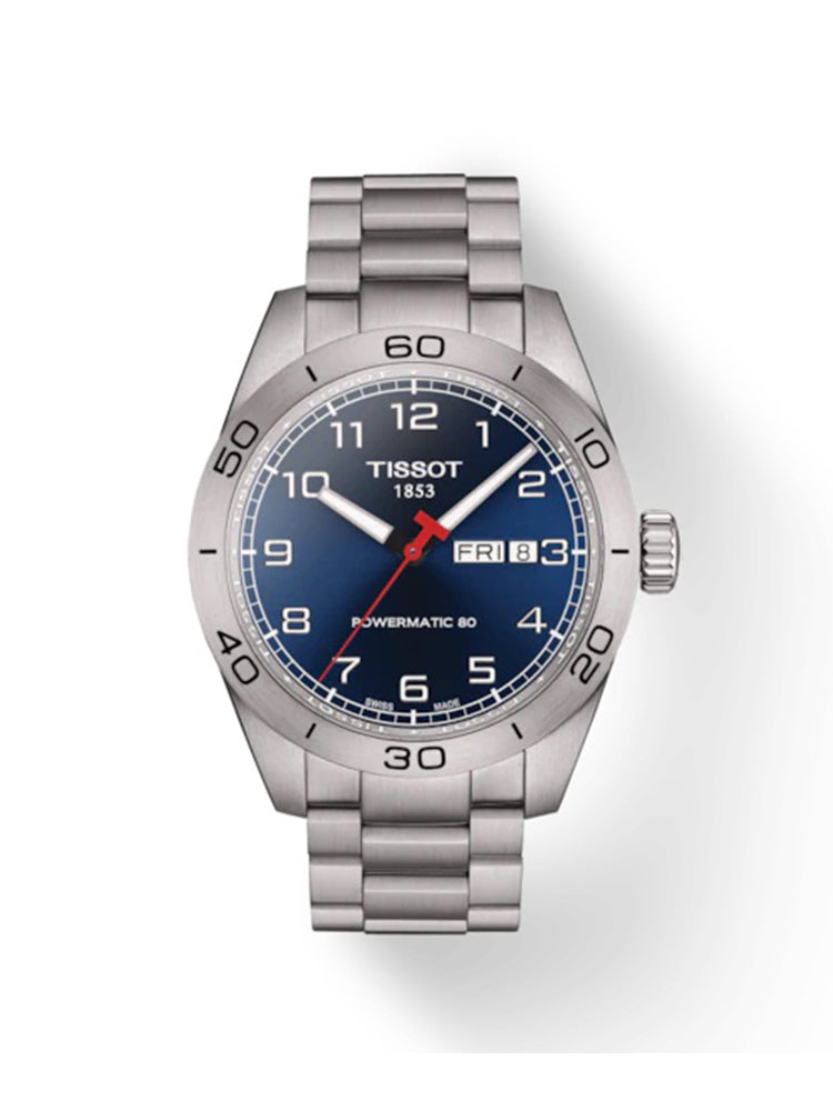 OROLOGIO UOMO PRS 516 POWERMATIC 80, CINTURINO IN ACCIAIO SILVER E QUADRANTE BLU TISSOT