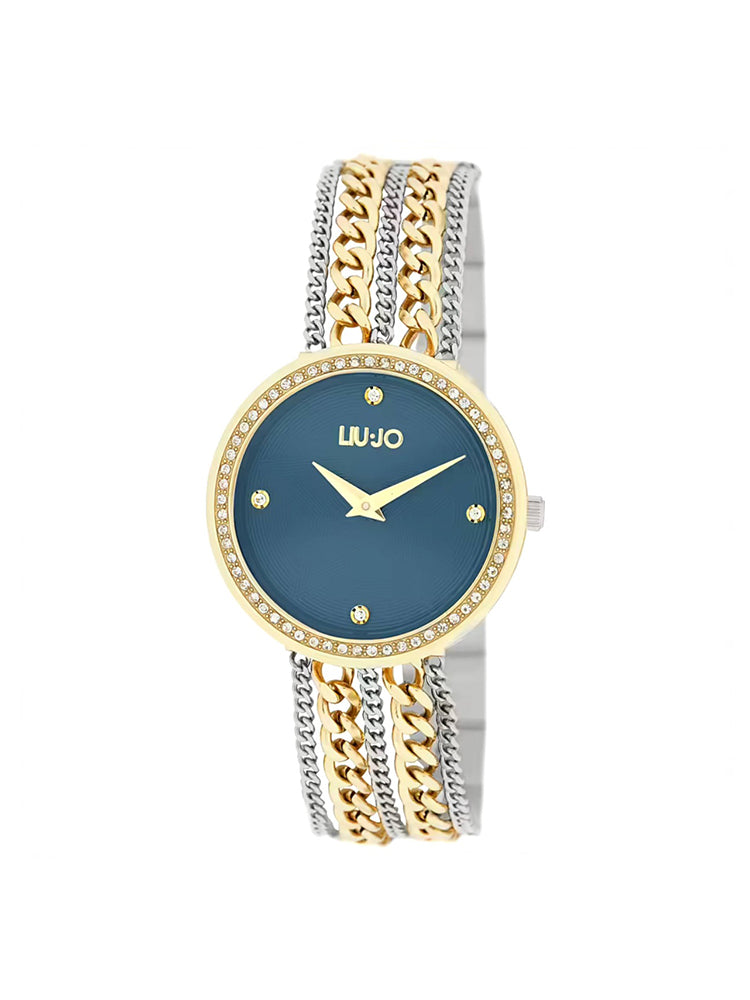 OROLOGIO DONNA SOLO TEMPO REFRESH CHAINS IN ACCIAIO BICOLORE SILVER GOLD E QUADRANTE BLU LIU JO