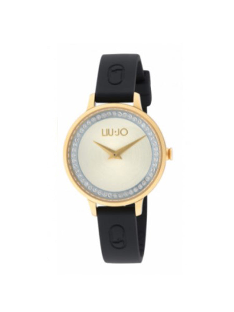 OROLOGIO DONNA CON CINTURINO IN SILICONE NERO E CASSA DORATA LIU JO